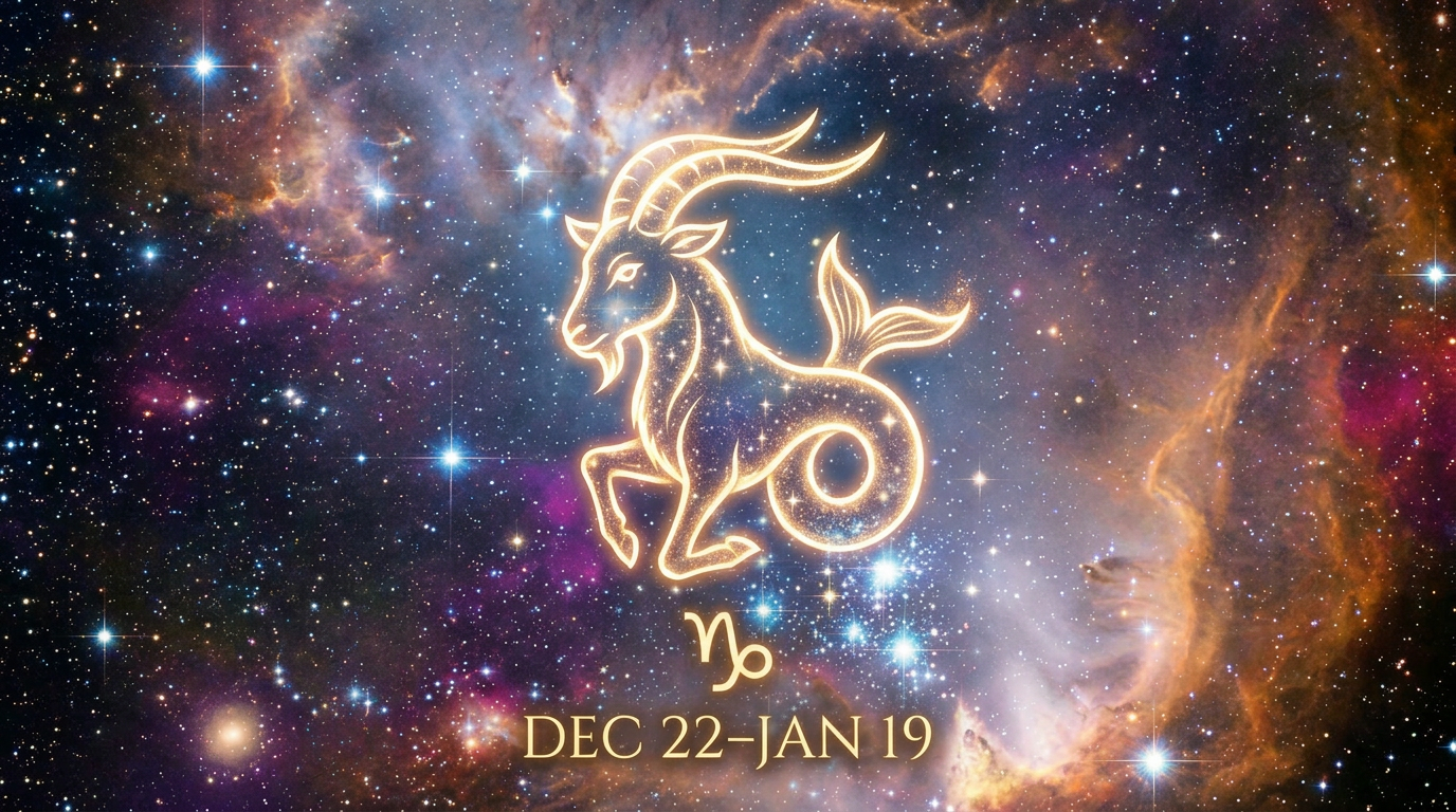 Glowing Capricorn zodiac symbol over colorful star-filled space