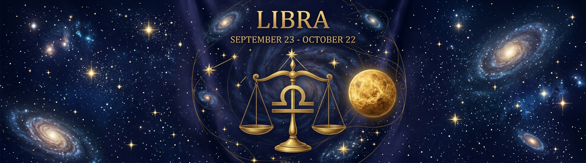 Libra zodiac symbol with scales, cosmic background, September 23 to October 22, ruled by Venus