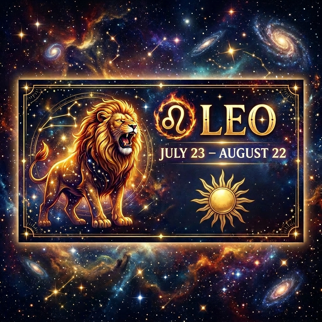 Leo zodiac sign with roaring lion, July 23-August 22, fire element, sun ruler, and traits