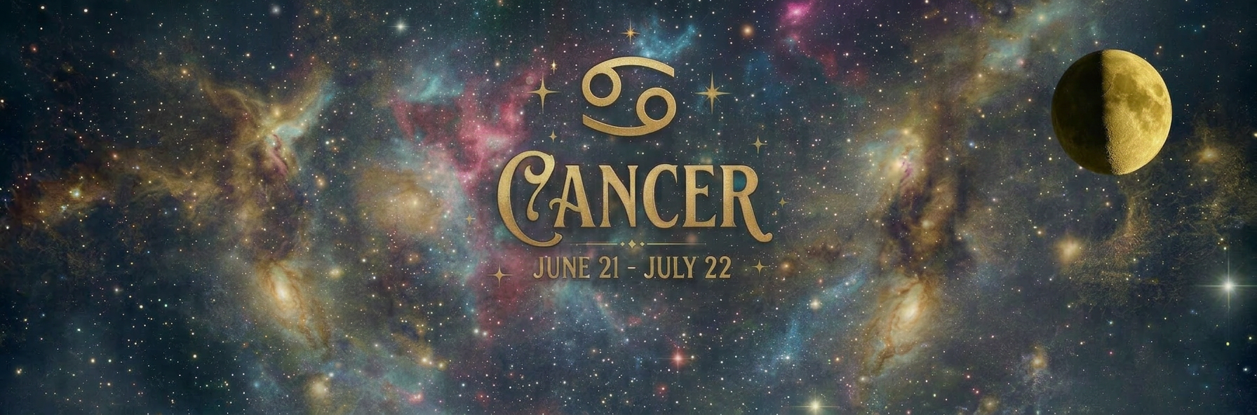 Blue banner with gold crab illustration and text Cancer June 21 - July 22