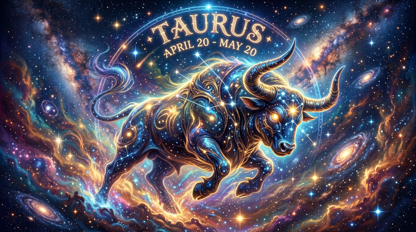 Taurus zodiac symbol depicted as a glowing bull surrounded by stars and galaxies