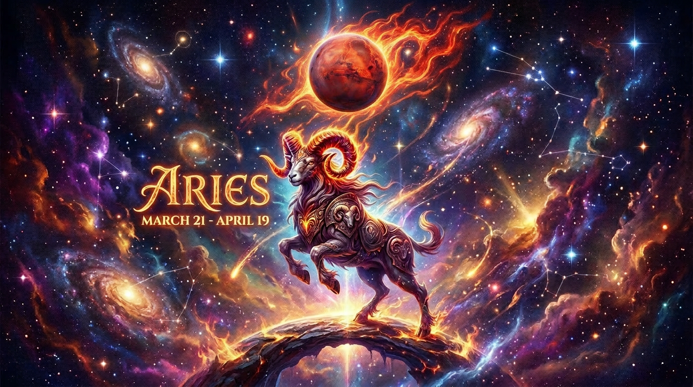 Aries zodiac sign with ram and fiery planetary rings, March 21 - April 19